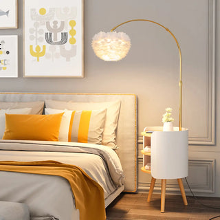 Feather Shade Gold Arched Floor Lamp with Storage Image - 3