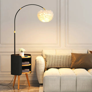 Feather Shade Gold Arched Floor Lamp with Storage Image - 4