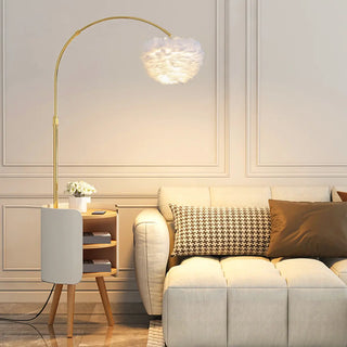 Feather Shade Gold Arched Floor Lamp with Storage Image - 6