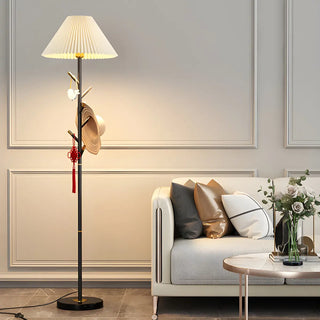 Modern White Fabric Cone LED Floor Lamp with Shelf Zawala Image - 1