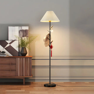 Modern White Fabric Cone LED Floor Lamp with Shelf Zawala Image - 11