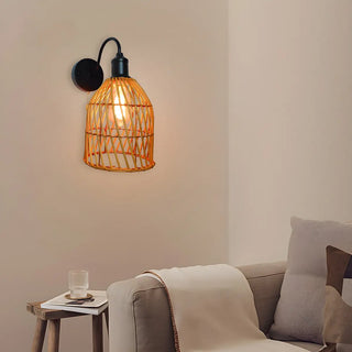 Coastal Birdcage Rattan Living Room Brown Small Wall Sconce Zawala Image - 1