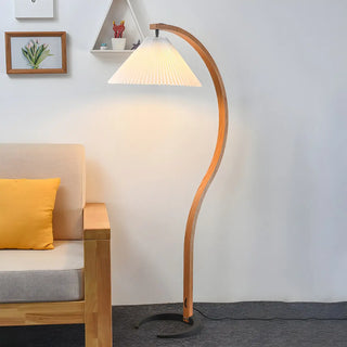 Modern Curved Wooden Floor Lamp with Pleated Shade Zawala Image - 1