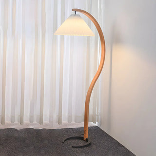 Modern Curved Wooden Floor Lamp with Pleated Shade Zawala Image - 2