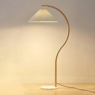 Modern Curved Wooden Floor Lamp with Pleated Shade Zawala Image - 3