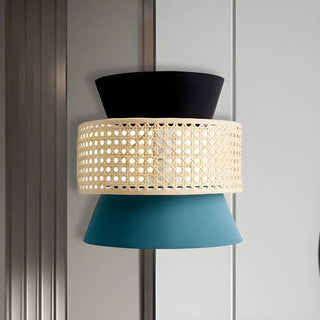 ZOWALA - Coastal Fabric Cone Rattan Black-Blue Wall Sconce Image - 2