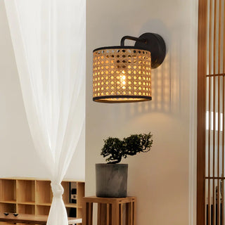 Coastal Cylinder Rattan Living Room Black Wall Sconce Zawala Image - 1