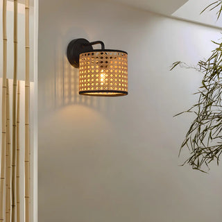 Coastal Cylinder Rattan Living Room Black Wall Sconce Zawala Image - 2