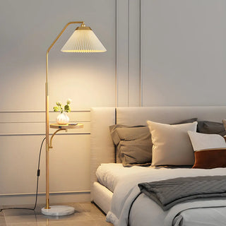 Elegant Brass Wood Side Table Arc Shelf Floor Lamp Image - 3