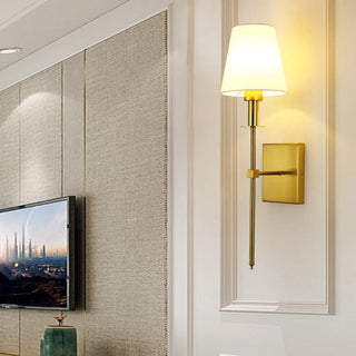 Bedroom White Fabric Cylinder Shade Gold Wall Sconce Zawala Image - 2