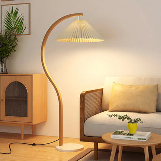 Elegant Cone and Wood-Color Metal Curved Floor Lamp Zawala Image - 1