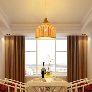 Natural Bohemian Woven Rattan Dome Dining Room Pendant Light Zawala Image - 1