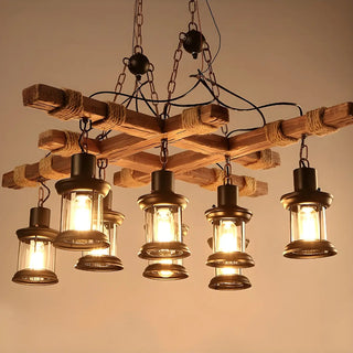 ZOWALA - Lantern Wood Chain Black Large Farmhouse Chandelier Image - 1