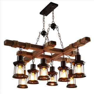 ZOWALA - Lantern Wood Chain Black Large Farmhouse Chandelier Image - 6