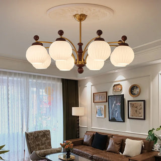 ZOWALA - Ball Glass Wood Brown Downrod Living Room Chandelier Image - 2