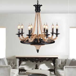 ZOWALA - Rope Wheel Candle Living Room Black Farmhouse Chandelier Image - 1