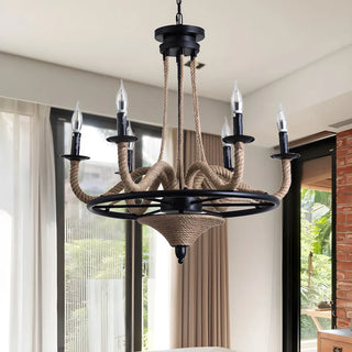 ZOWALA - Rope Wheel Candle Living Room Black Farmhouse Chandelier Image - 2