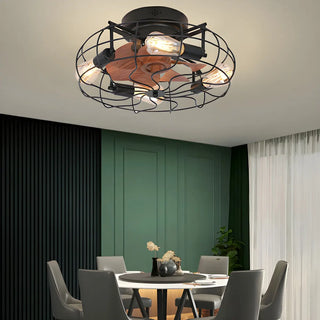 Industrial Cage Flush Mount Ceiling Fan with Light Zowala Image - 3