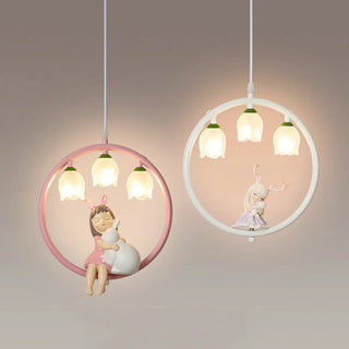 ZOWALA - Pink Circle Fairy White Glass Flower Kids Room Chandelier Image - 2