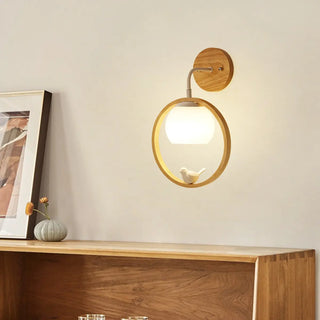 Mini Modern Bird Wood Circular Frame Wall Sconce Zawala Image - 3