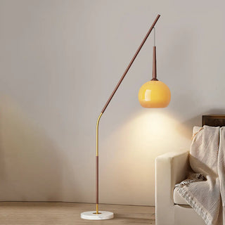ZOWALA - Modern Angled Amber Globe Walnut Metal Floor Lamp Image - 1