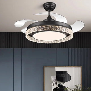 Simple Black Round Crystal Ceiling Fan with LED Light Zawala Image - 1