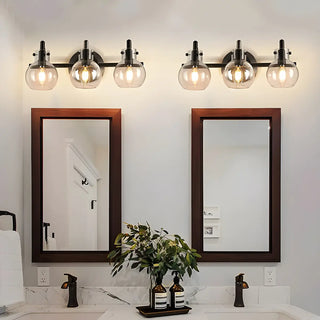 Simple Clear Glass Globe Black 3-Bulb Wall Vanity Light Zawala Image - 2