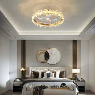 Elegant Ring Crystal Flower Brass Ceiling Fan Light Zawala Image - 1