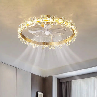 Elegant Ring Crystal Flower Brass Ceiling Fan Light Zawala Image - 2