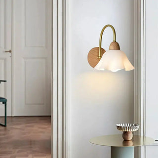 Flower Glass Shade Wood Color Bedroom Wall Sconces Zawala Image - 1