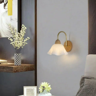 Flower Glass Shade Wood Color Bedroom Wall Sconces Zawala Image - 2