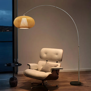 Modern Wood-Color Drum Bamboo Arc LED Floor Lamp Zawala Image - 1