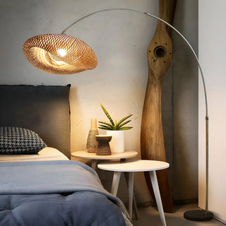 Modern Wood-Color Drum Bamboo Arc LED Floor Lamp Zawala Image - 2