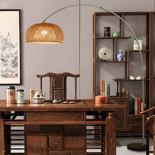 Modern Wood-Color Drum Bamboo Arc LED Floor Lamp Zawala Image - 5