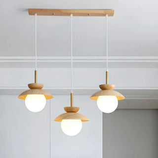Modern Bedroom Wood Dome White Glass Globe Pendant Light Zawala Image - 2