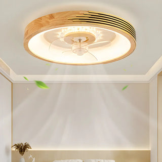 Modern Wood Flush Mount Round Ceiling Fan with Light Zawala Image - 1