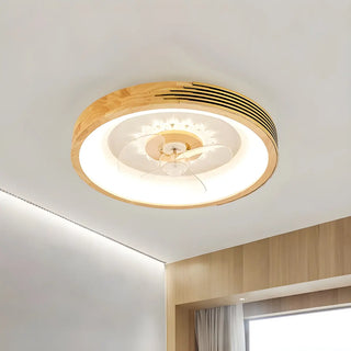 Modern Wood Flush Mount Round Ceiling Fan with Light Zawala Image - 14