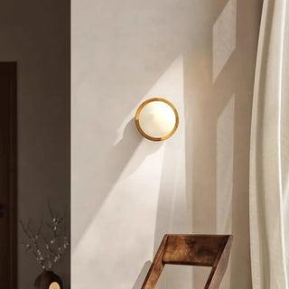 Art Deco Wood Base Round White Glass Wall Sconce Zawala Image - 1