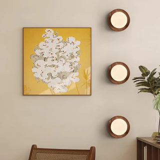 Art Deco Wood Base Round White Glass Wall Sconce Zawala Image - 3