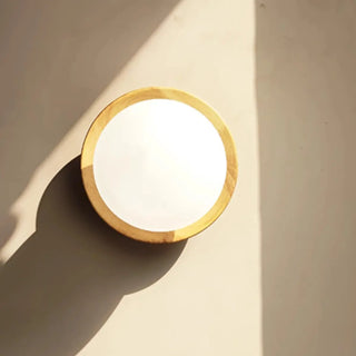 Art Deco Wood Base Round White Glass Wall Sconce Zawala Image - 5