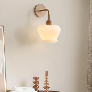 Art Deco Crown White Glass Wood Finish Wall Sconce Zawala Image - 1