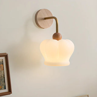 Art Deco Crown White Glass Wood Finish Wall Sconce Zawala Image - 4