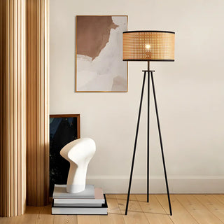 Beige Rattan Barrel Shade Modern Tripod Floor Lamp Zawala Image - 1