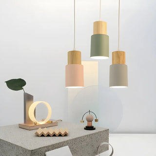 ZOWALA - Modern Colorful Metal Wooden Cylinder Pendant LIght Image - 2
