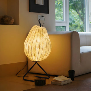 White Pear-Shaped Fabric and Curved Stand Floor Lamp Zawala Image - 4