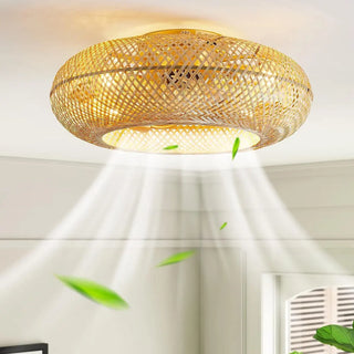 Golden Round Bamboo Flush Remote Ceiling Fan with Light Zawala Image - 1