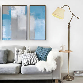 Fabric Barrel Bronze Swing Arm Floor Lamp with Shelf Image - 2