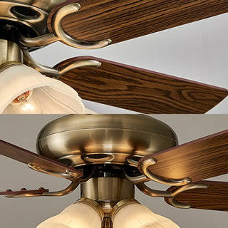 Retro Floral Shade 5 Wood Blade Brass Ceiling Fan Light Zawala Image - 12