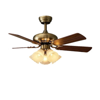 Retro Floral Shade 5 Wood Blade Brass Ceiling Fan Light Zawala Image - 13