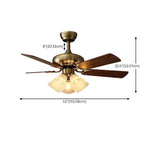 Retro Floral Shade 5 Wood Blade Brass Ceiling Fan Light Zawala Image - 17